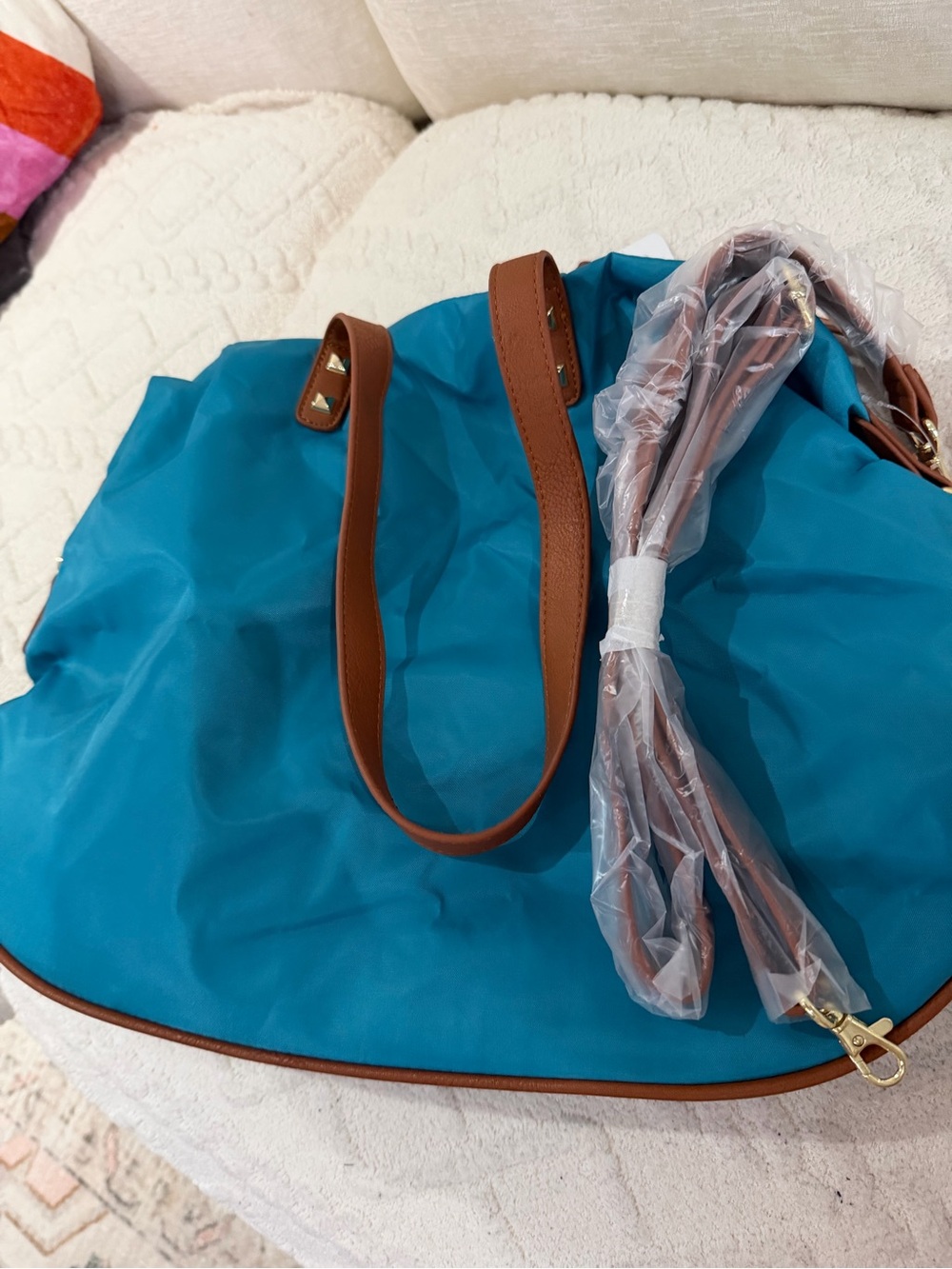 Charming Charlie Blue Nylon Tote bag  with Brown Trim - Women's Shoulder Bag